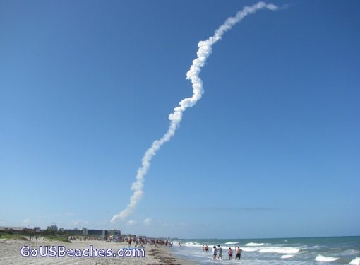 Crowd watching Space Shuttle Launch from beach at Cocoa Beach Florida June 2008