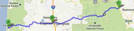 To interactive Google Map Day Trip from Florence thru Eugene to Mckenzie Pass to Sisters, OR