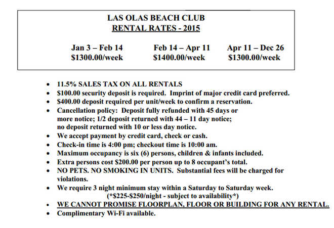 Las Olas Beach Club Rental Rates - 2015